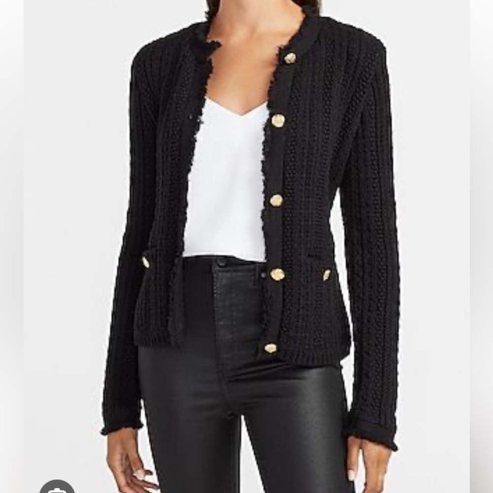 “Express” Black, Waffle, Rhinestone Button Sweate… - image 1